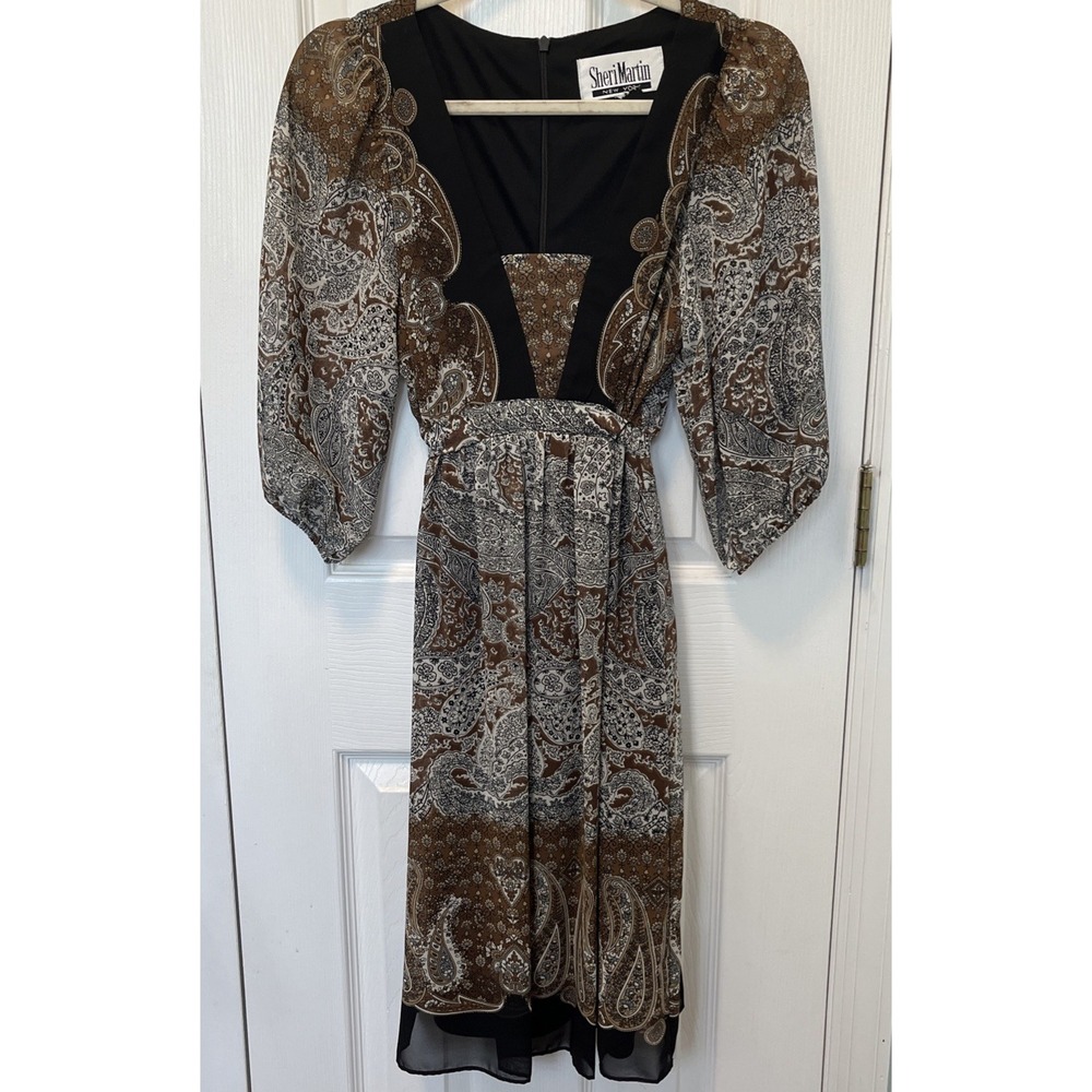 Vintage Sheri Martin New York Paisley Empire Waist Boho Midi Dress Brown 8 M